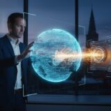 Businessman in a suit touches a glowing holographic globe with a high-tech safe labeled 'Secure Third-Party Backup'.